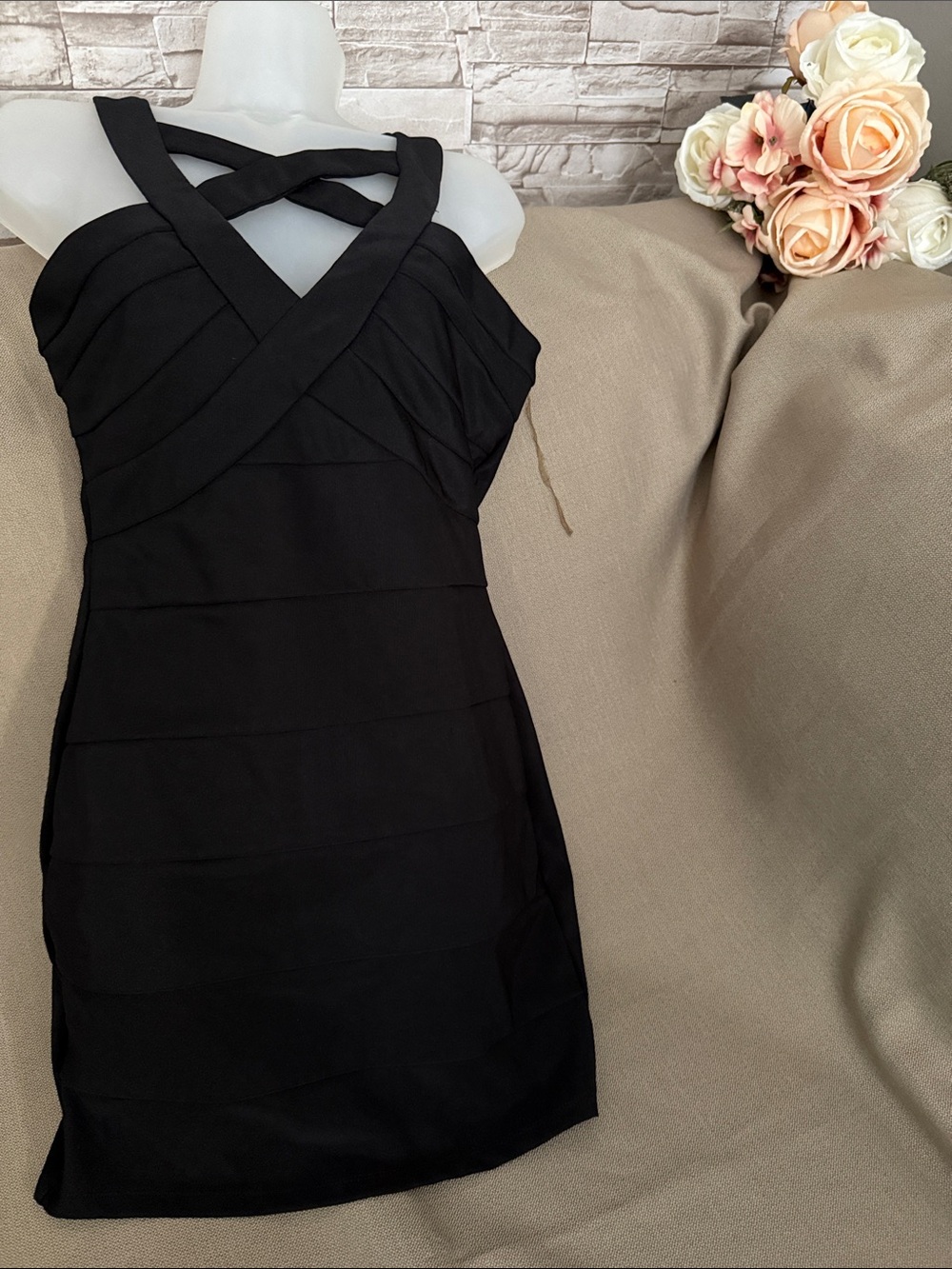 Crystal Doll Black One-Shoulder Crisscross Bodycon Dress
